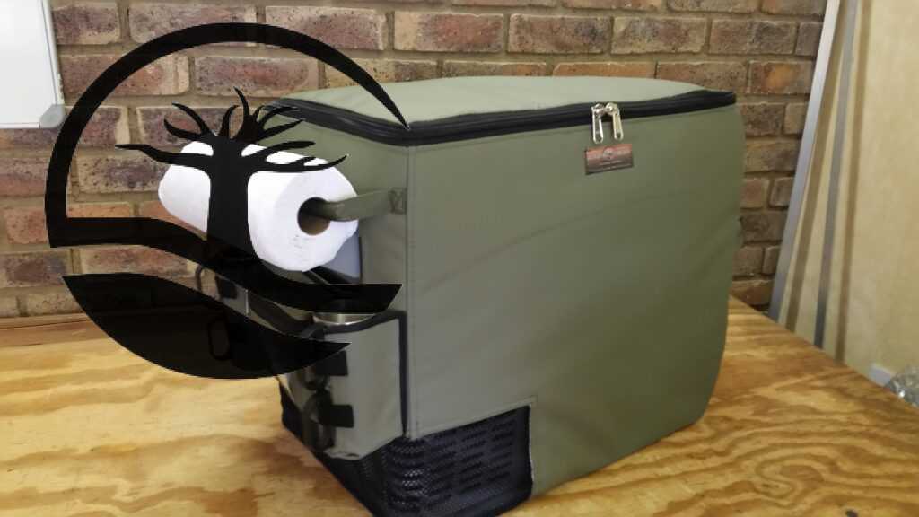 Custom Fridge cover to hold coffee mugs and a paper towel roll fitted to a Snowmaster 40L fridge.