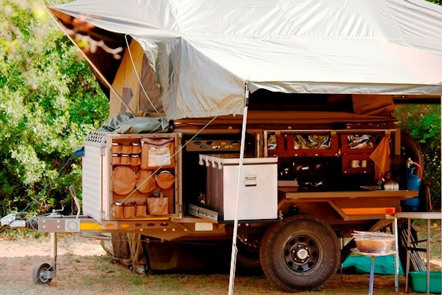 Custom Canvas bags and caddies in a Metalian Maxi Camping trailer.