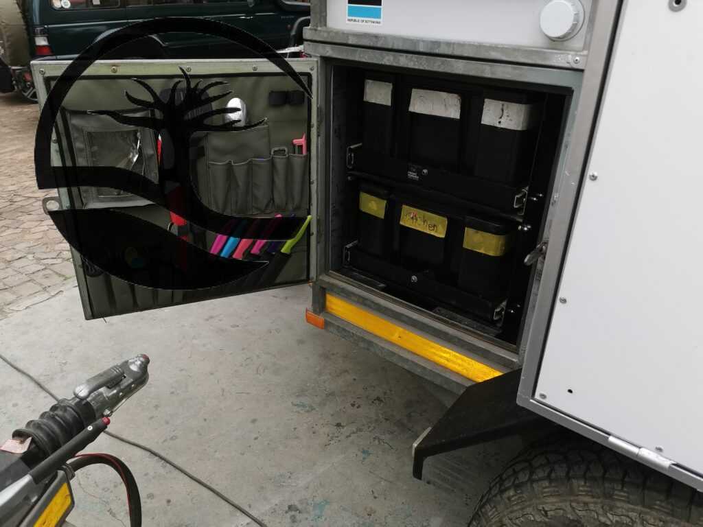 Canvas caddie/bag in Kitchen door of a Buzzard Trailer to hold cutlery, kitchen utensils and other small items.