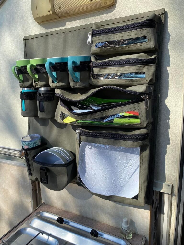 Custom Canvas Caddie for outside Kitchen to hold mugs, cutlery and kitchen utensils, Melamine plates, bowls and glasses on a Jurgens XT Caravan.